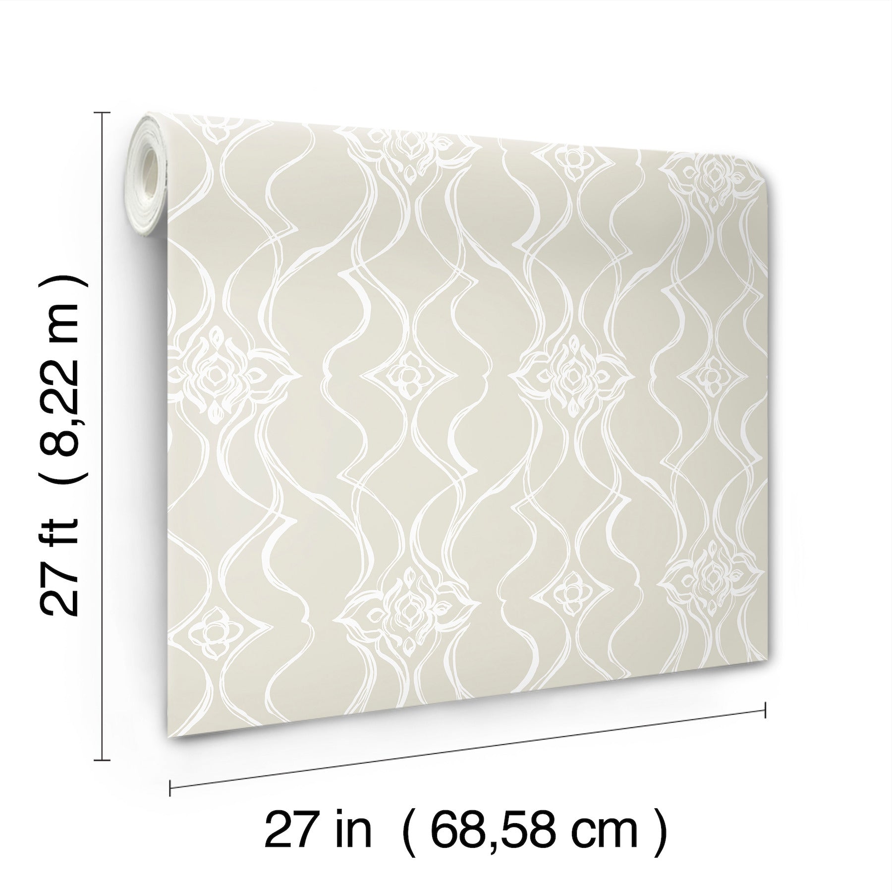 Beige wallpaper with white damask floral scroll pattern, rolled sample, 27 in wide by 27 ft long