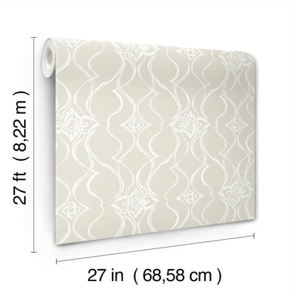 Beige wallpaper with white damask floral scroll pattern, rolled sample, 27 in wide by 27 ft long