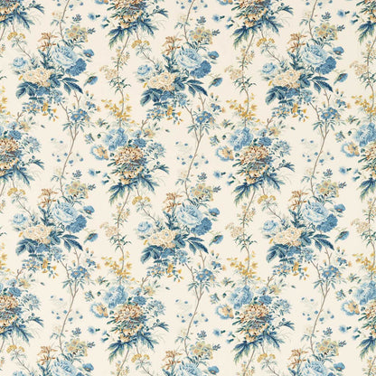 Sanderson Lakeland Paradis fabric in Poppinjay/Lion featuring a classic floral design on an ivory linen background with rich blue, golden yellow, and soft beige botanical details. Premium 100% linen designer fabric perfect for drapes, curtains, upholstery, decorative pillows, cushions, and elegant cottage, traditional, and English-inspired home décor..