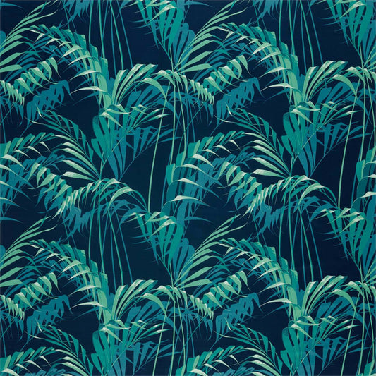 SANDERSON Palm House Fabric Leaves , Trees Ink,Teal   - DGLA226568