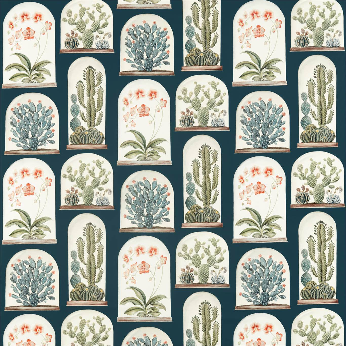 SANDERSON Terrariums Fabric Leaves , Trees Ink,Papaya   - DGLA226572