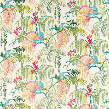 Sanderson Rain Forest Embroidery Tropical fabric with colorful embroidered tropical leaves, exotic plants, and botanical motifs on luxury designer fabric. Premium cotton blend fabric ideal for custom curtains, drapes, blinds, decorative cushions, pillows, and elegant interior design projects.
