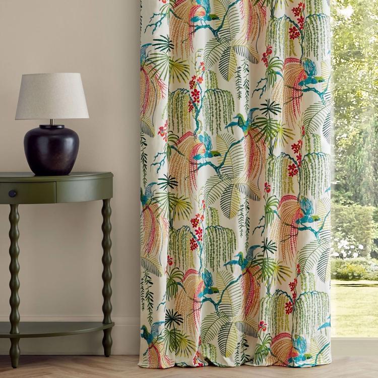 Sanderson Rain Forest Embroidery Tropical fabric featuring colorful embroidered tropical leaves, flowers, and botanical motifs on premium designer fabric. Ideal for luxury curtains, drapery, blinds, decorative pillows, cushions, and nature-inspired interior design projects.