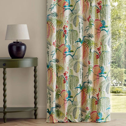 Sanderson Rain Forest Embroidery Tropical fabric featuring colorful embroidered tropical leaves, flowers, and botanical motifs on premium designer fabric. Ideal for luxury curtains, drapery, blinds, decorative pillows, cushions, and nature-inspired interior design projects.