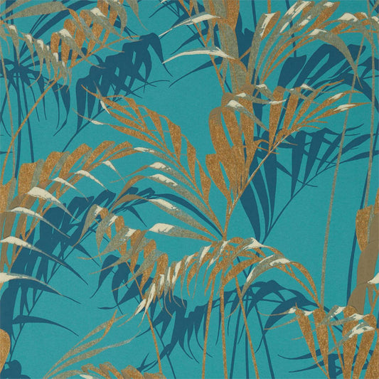 SANDERSON Palm House Wallpaper Leaves , Trees Teal,Gold  Surflex-Printed Wallpaper - DGLW216640