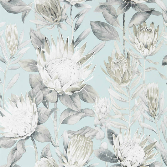 SANDERSON King Protea Wallpaper Classic Floral Aqua,Linen  Gravure - Wide Width Printed Wallpaper - DGLW216645