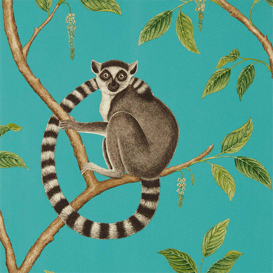 SANDERSON Ringtailed Lemur Wallpaper Animals Teal  Gravure Printed Wallpaper - DGLW216663