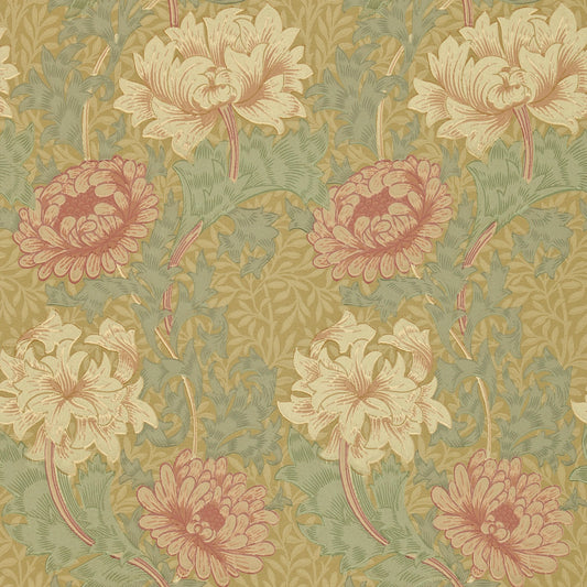 MORRIS & CO Chrysanthemum Wallpaper Contemporary, Floral Bayleaf,Clay  Surface- Printed Wallpaper - DGW1CY101