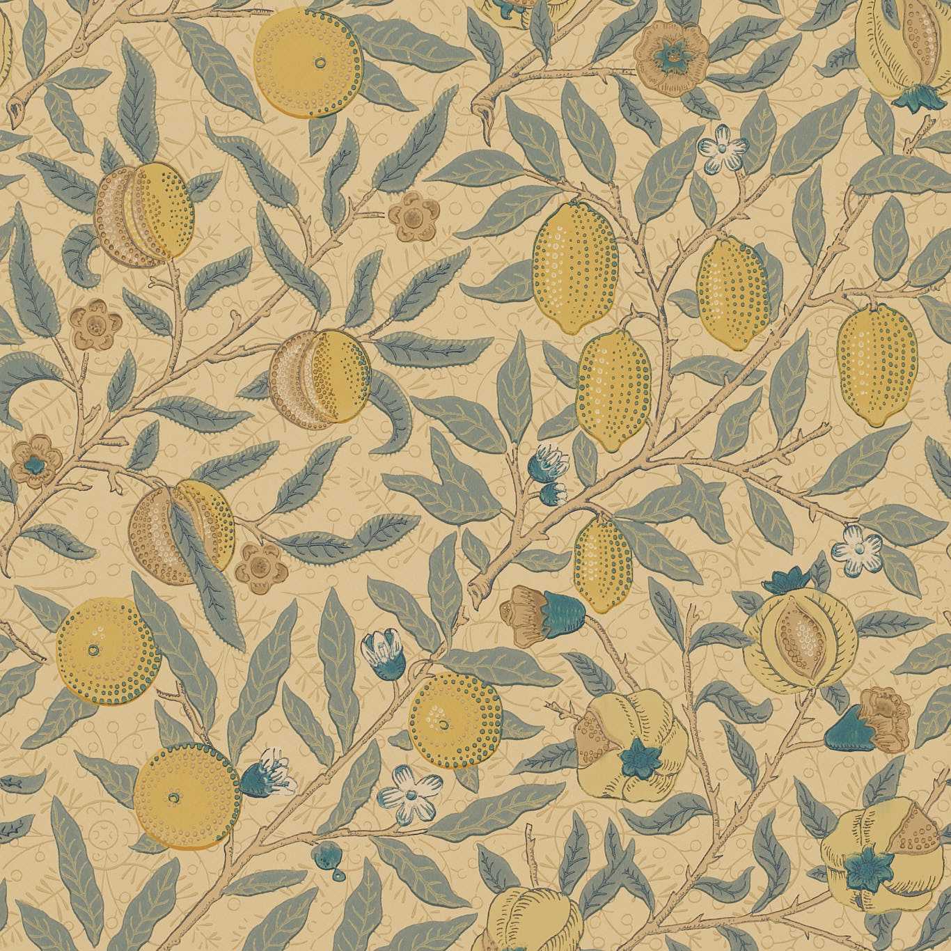 MORRIS & CO Fruit Wallpaper Leaves , Trees Blue,Maize,Gold,Oakwood, Khaki  Surface- Printed Wallpaper - DGW1FU103