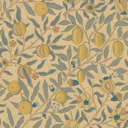 MORRIS & CO Fruit Wallpaper Leaves , Trees Blue,Maize,Gold,Oakwood, Khaki  Surface- Printed Wallpaper - DGW1FU103
