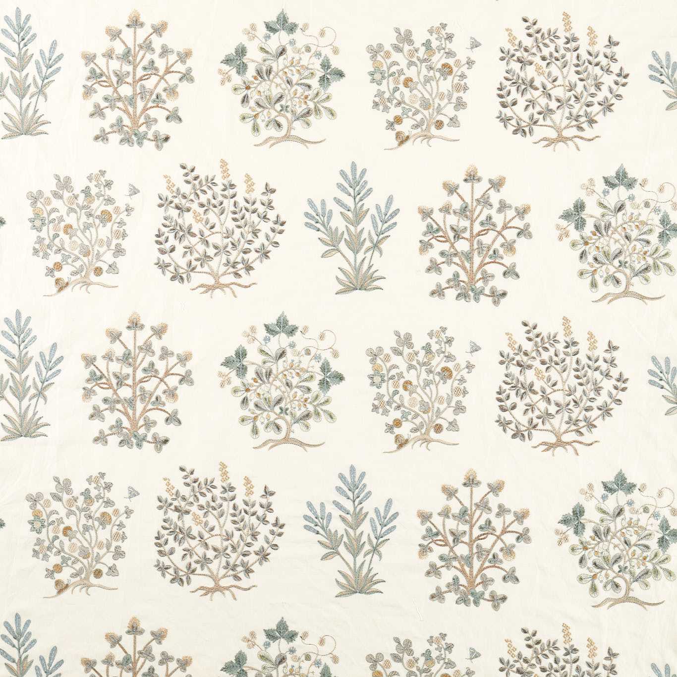 Pastel botanical fabric: cream background with delicate beige, blue and sage leaves and floral clusters.