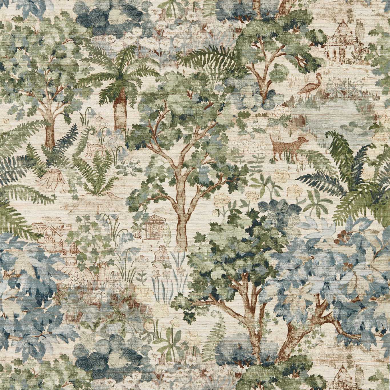Wallpaper featuring a tapestry-style botanical print with trees, ferns and wildlife in muted greens, blues and beiges.
