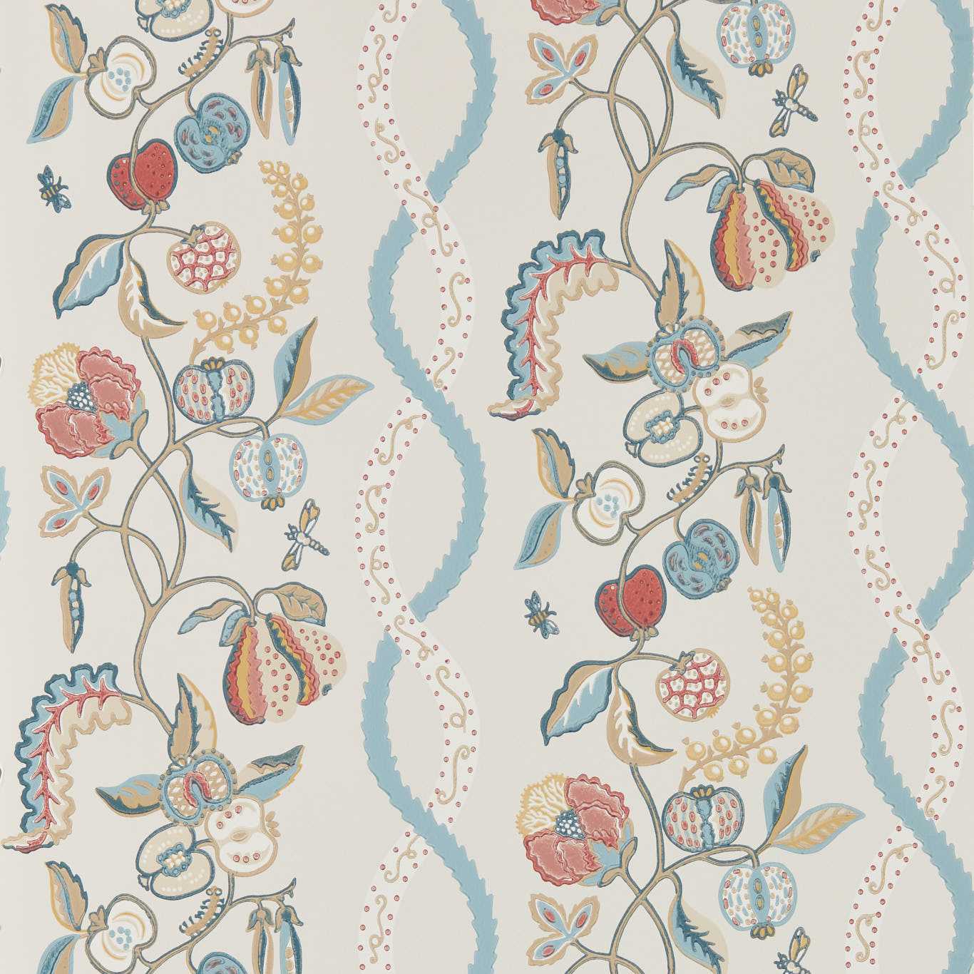 Cream wallpaper with vertical botanical vines, pomegranate-like fruit, and blue scalloped scrolls in red, teal, and gold.