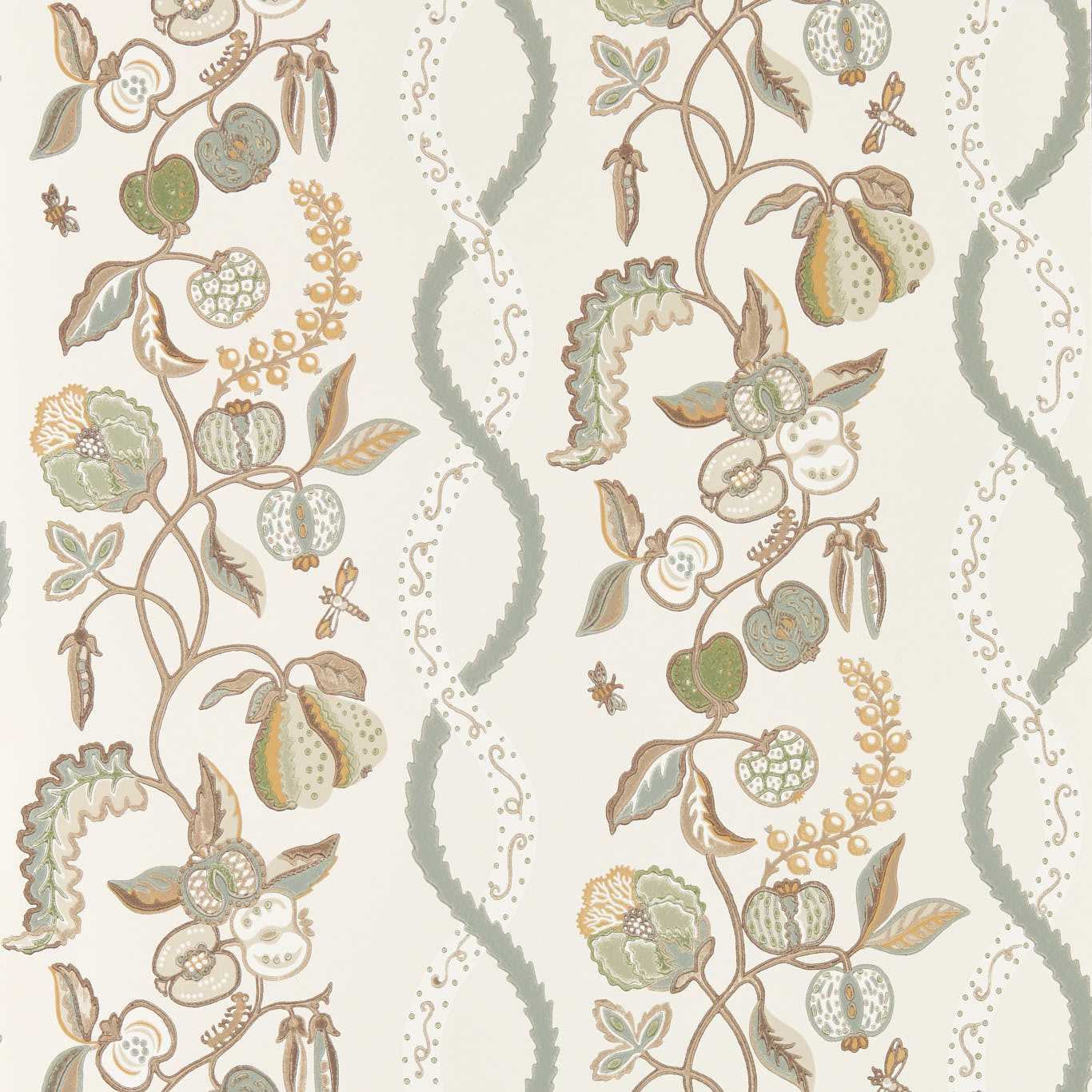 Contemporary floral wallpaper pattern with repeating vines, leaves and fruit in cream, sage, bronze and gold.
