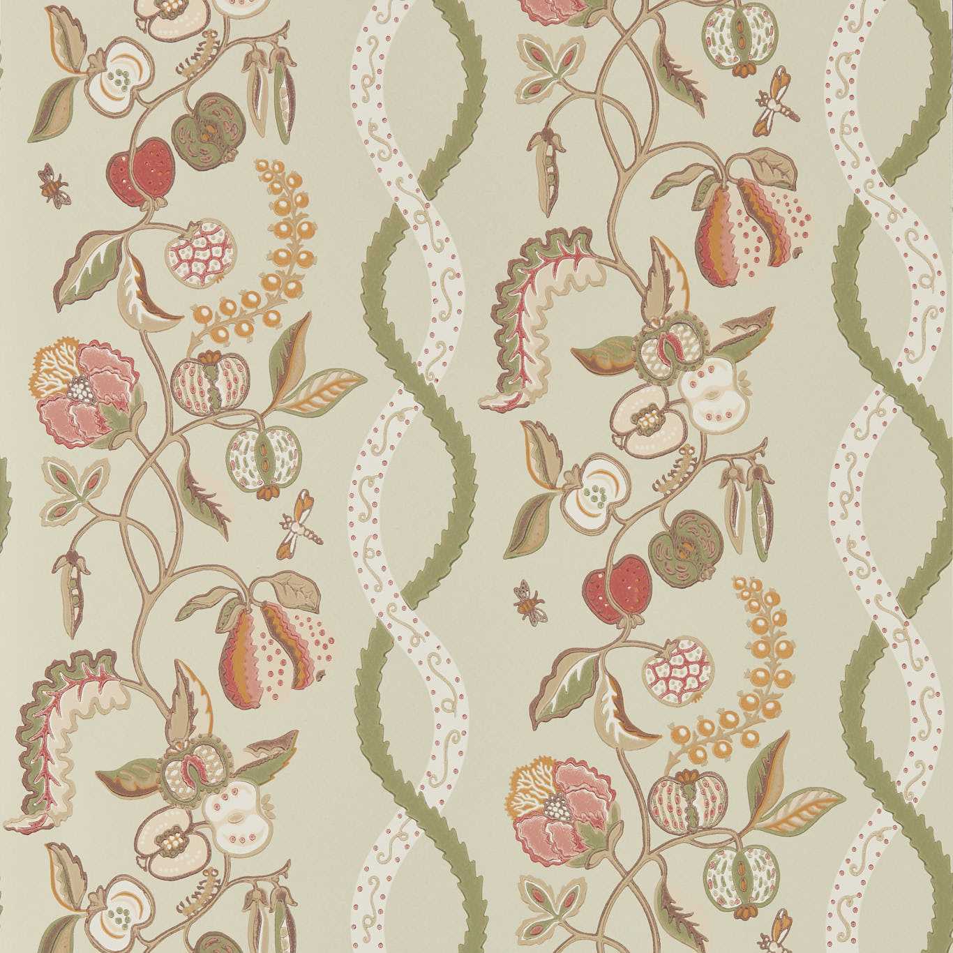 Beige botanical wallpaper with vines, flowers and fruit in sage green, pink and yellow; vintage repeating pattern.