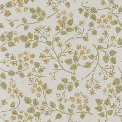Cream wallpaper with sage-green leaves and pale gold flowers in an elegant botanical vine pattern.