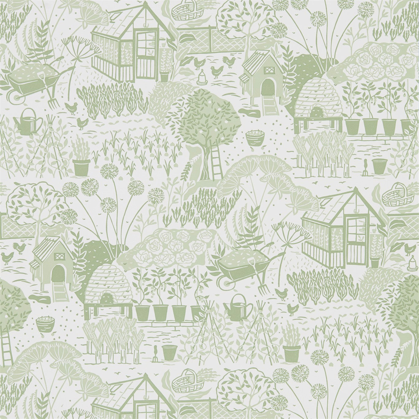 Soft sage-green garden-pattern wallpaper featuring cottages, trees, beehives, planters and garden tools in fine line art.