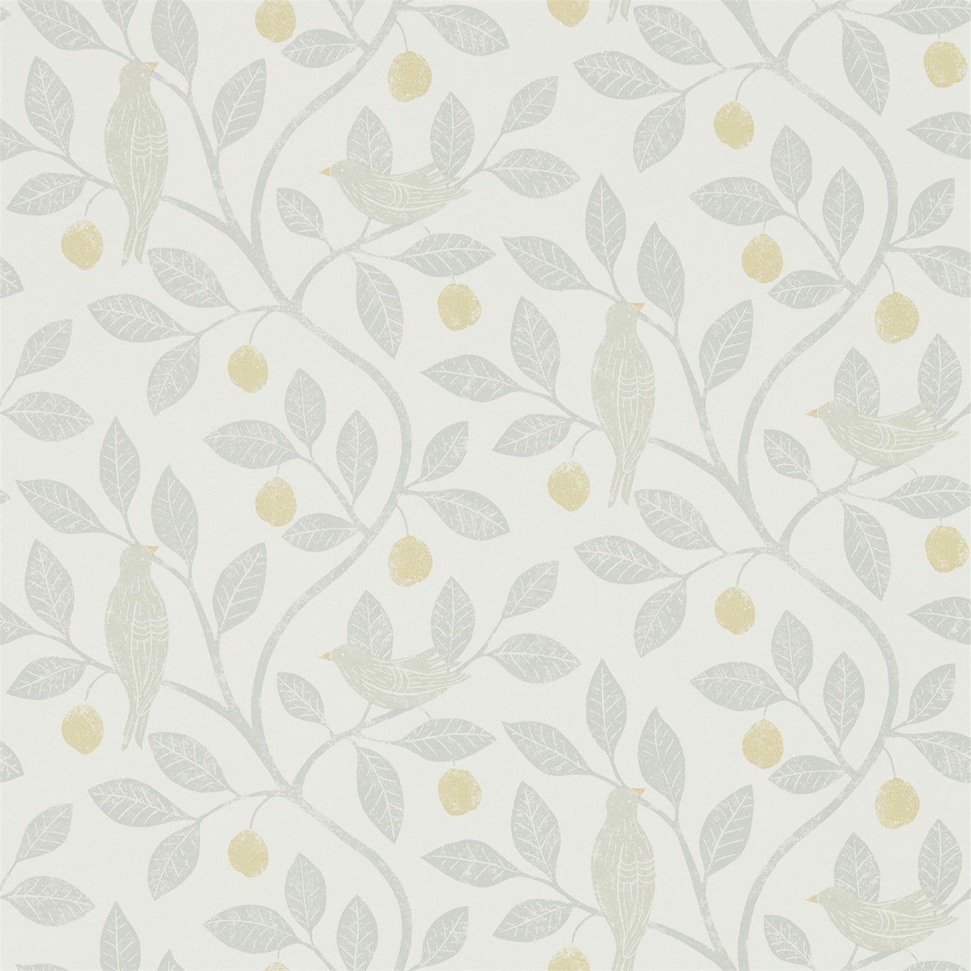 Soft gray wallpaper featuring a damson tree motif with twisting branches and pale leaves.