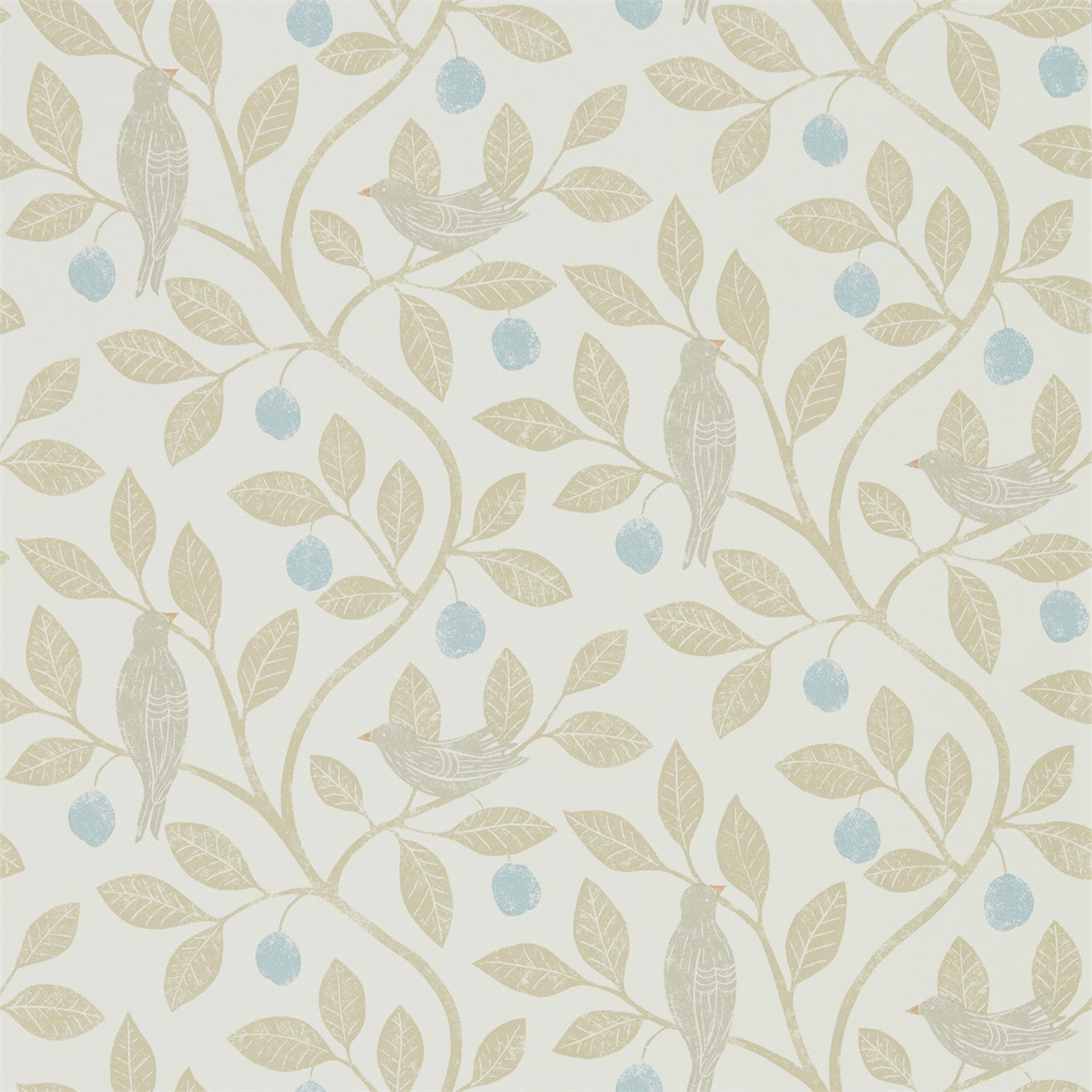 Beige wallpaper with a botanical tree and leaves pattern; intertwining branches and cream leaves in denim and barley tones.