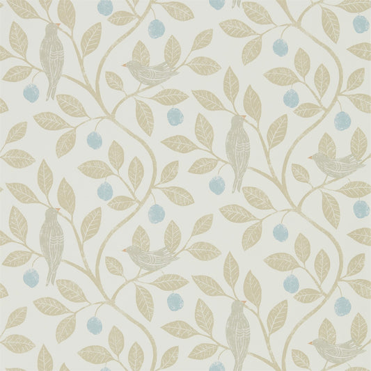 SANDERSON Damson Tree Wallpaper Leaves , Trees Denim,Barley  Gravure - Wide Width Printed Wallpaper - DHPO216364