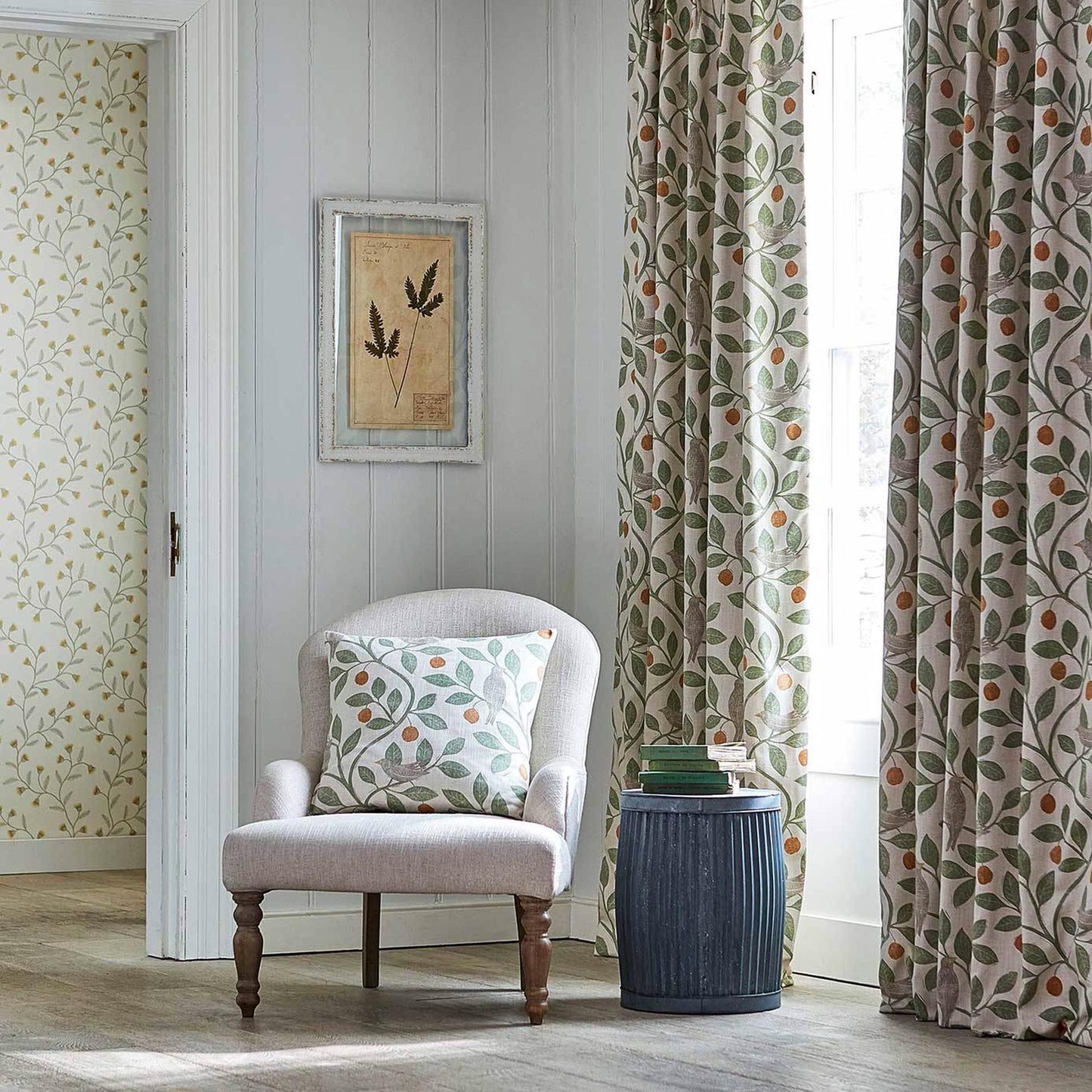Sanderson Damson Tree Fabric in Brick & Fennel, featuring stylised birds on trailing branches in a cotton-linen blend, perfect for curtains, cushions, light upholstery, and luxury home décor projects.