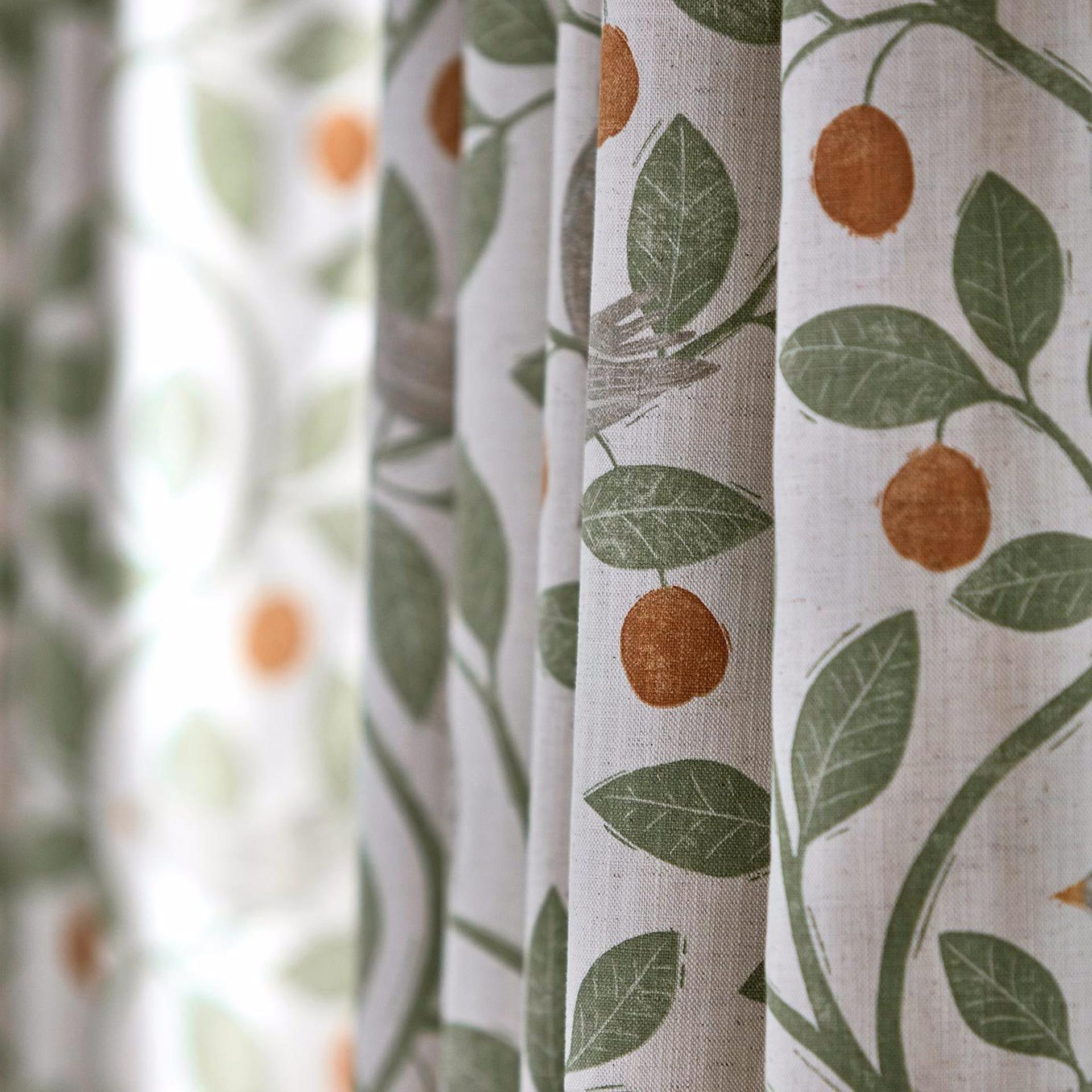 Sanderson Damson Tree Fabric in Brick & Fennel, featuring stylised birds on trailing branches in a cotton-linen blend, perfect for curtains, cushions, light upholstery, and luxury home décor projects.