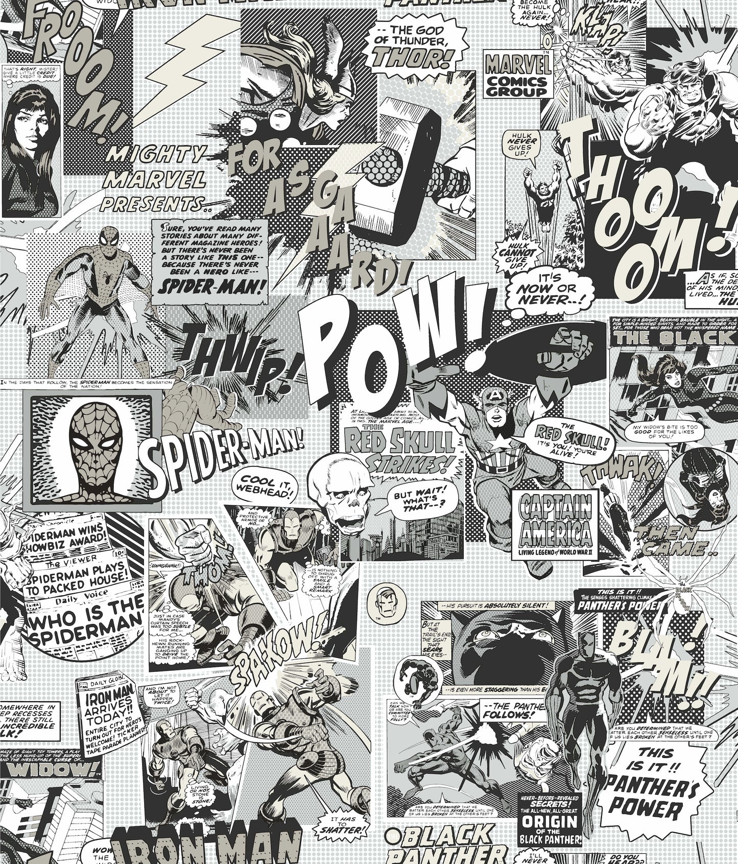 York Wallcoverings Disney Kids Vol. 4 Marvel Comics Pow! Black and White Wallpaper  Children and Nursery Whites and Off-Whites   - DI0946