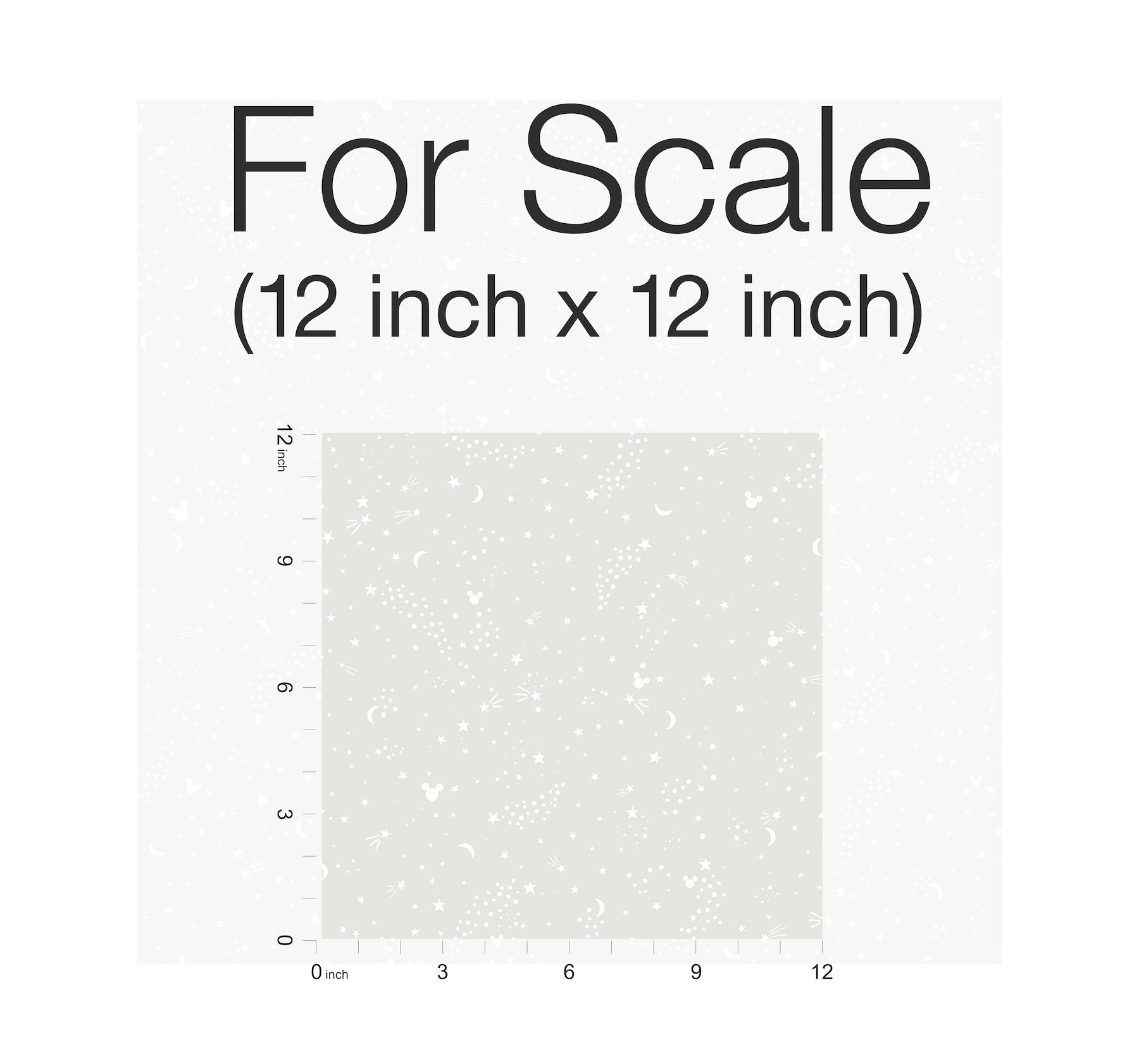 Grey wallpaper with a star motif; includes a 12x12 inch photography scale with measurement axes.