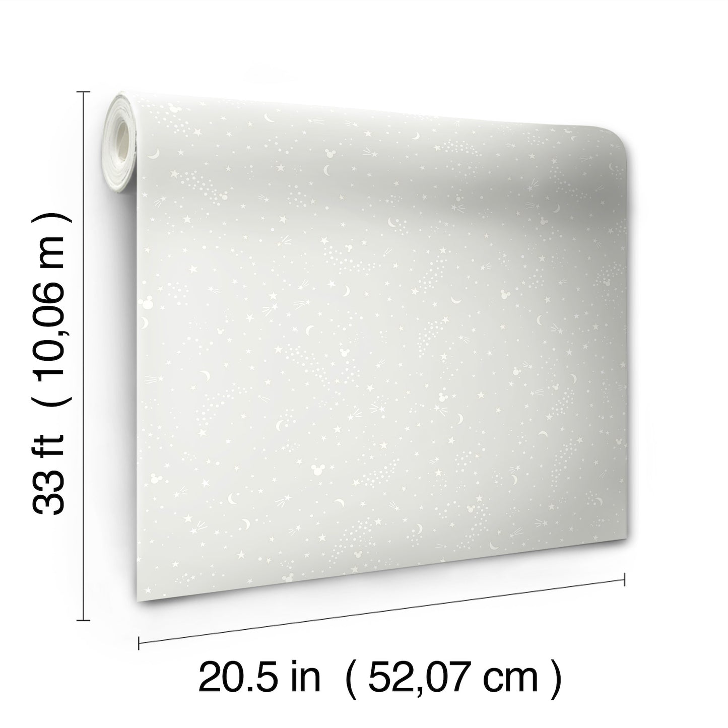 Light gray speckled wallpaper roll with terrazzo-like pattern, 20.5 in wide & 33 ft long.