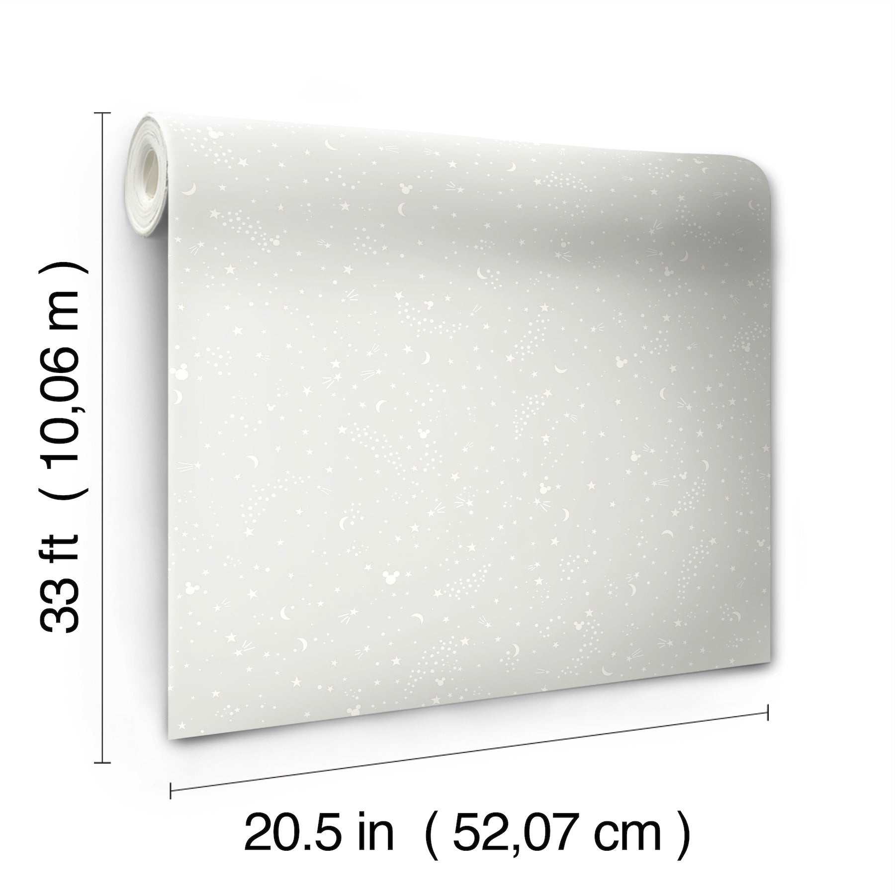Light gray speckled wallpaper roll with terrazzo-like pattern, 20.5 in wide & 33 ft long.