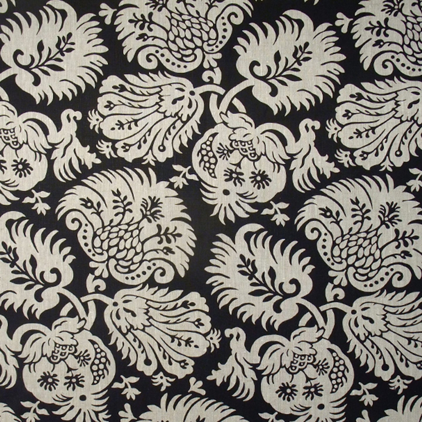 Black linen-textured fabric with a grey and silver damask floral pattern featuring ornate scrolls and leaves.