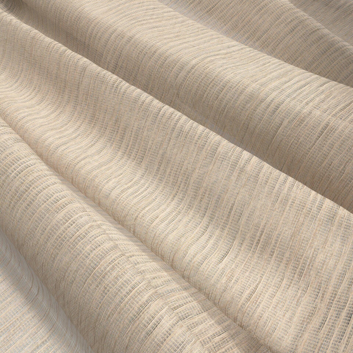 Beige ribbed fabric with soft drape and subtle vertical texture, linen-like material.
