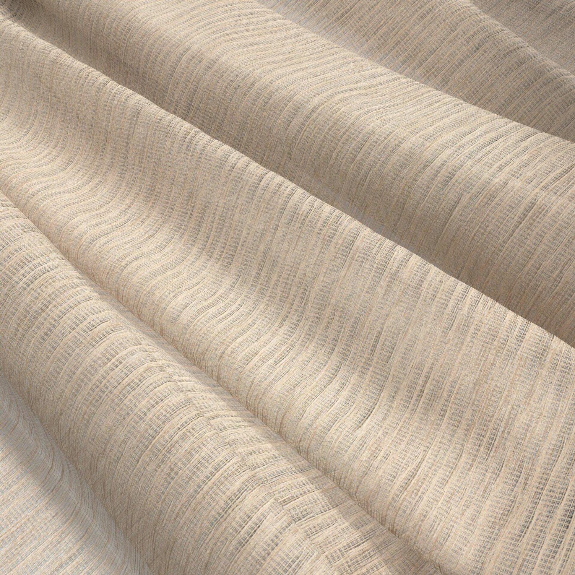 Beige ribbed fabric with soft drape and subtle vertical texture, linen-like material.