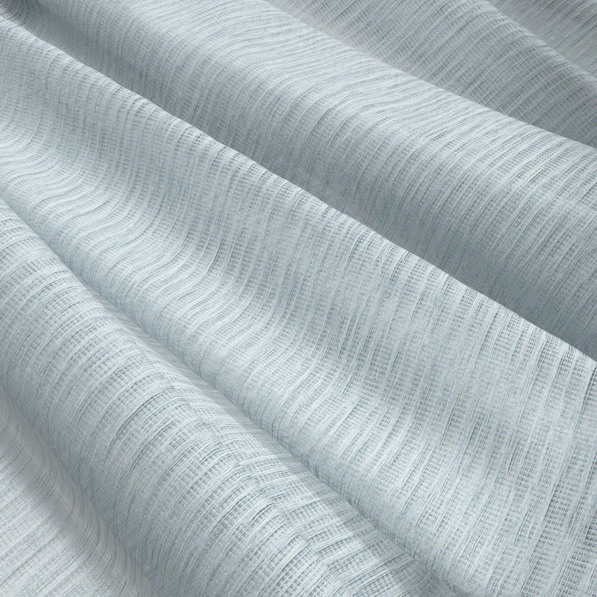 Seafoam blue strie sheer fabric with soft drape and textured weave; suitable for curtains or apparel.