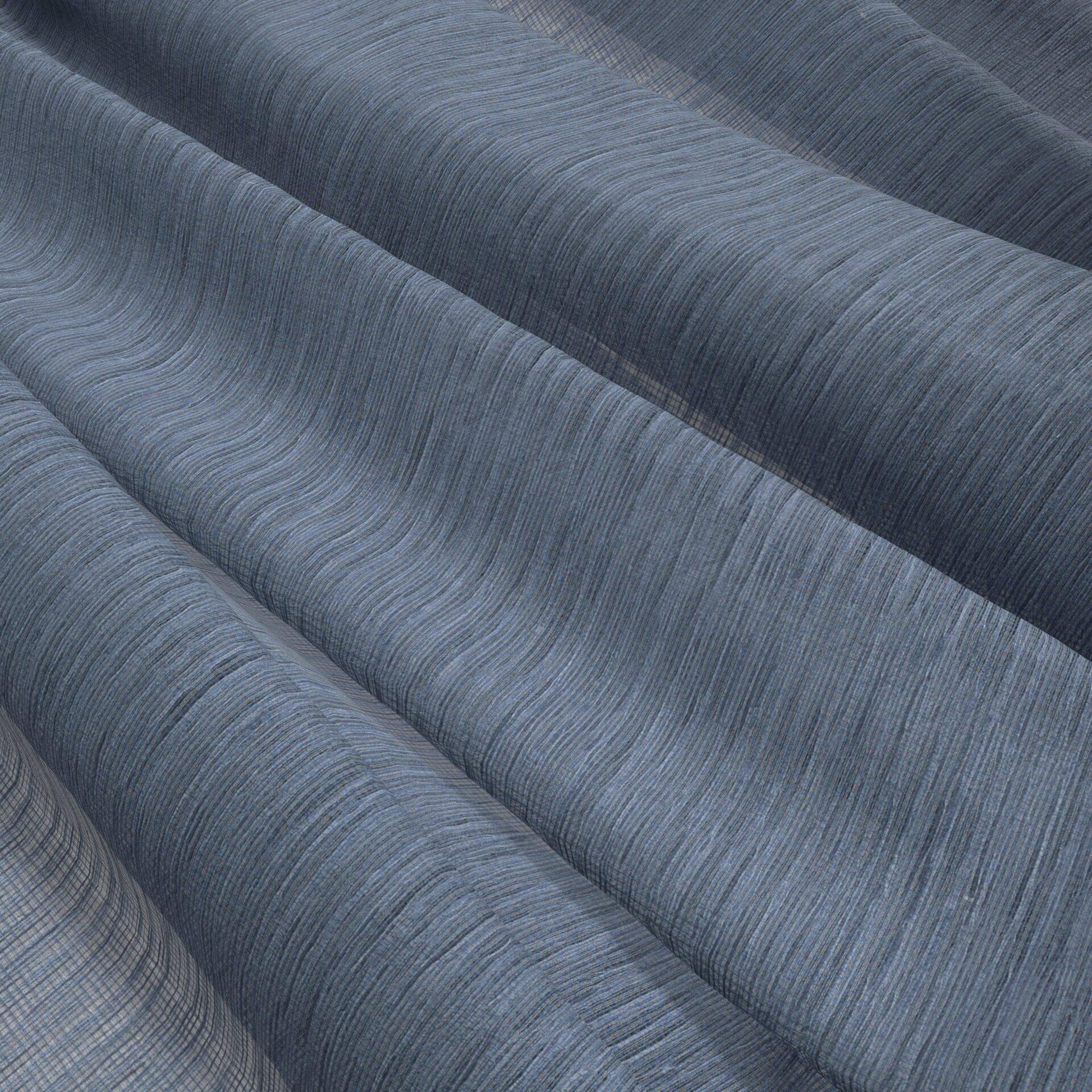 Blue-gray pleated fabric with soft ridges and draped folds, textured textile suitable for curtains or upholstery.