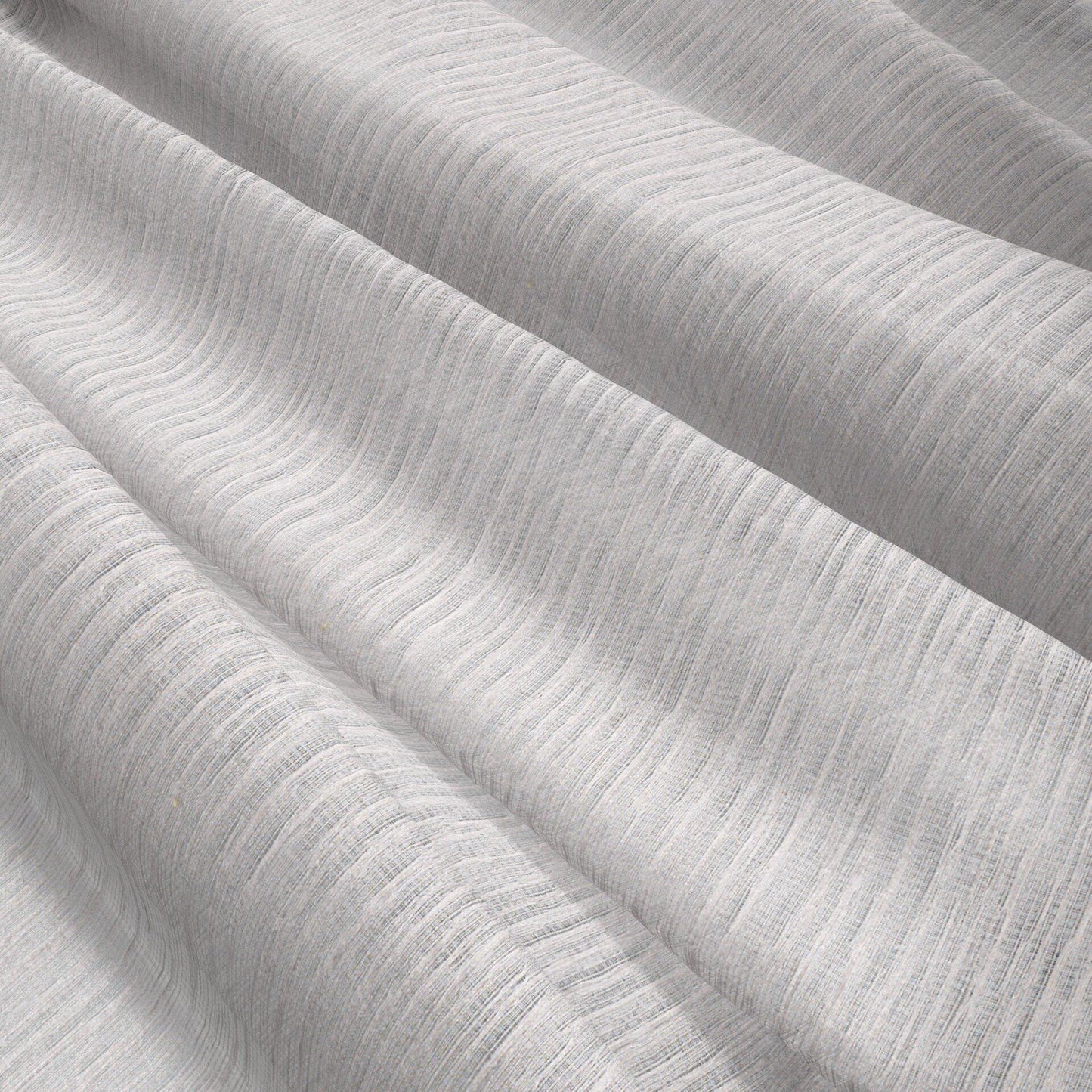 Transitional light grey sheer fabric with subtle vertical stripes (strie) and soft drape; wide width.