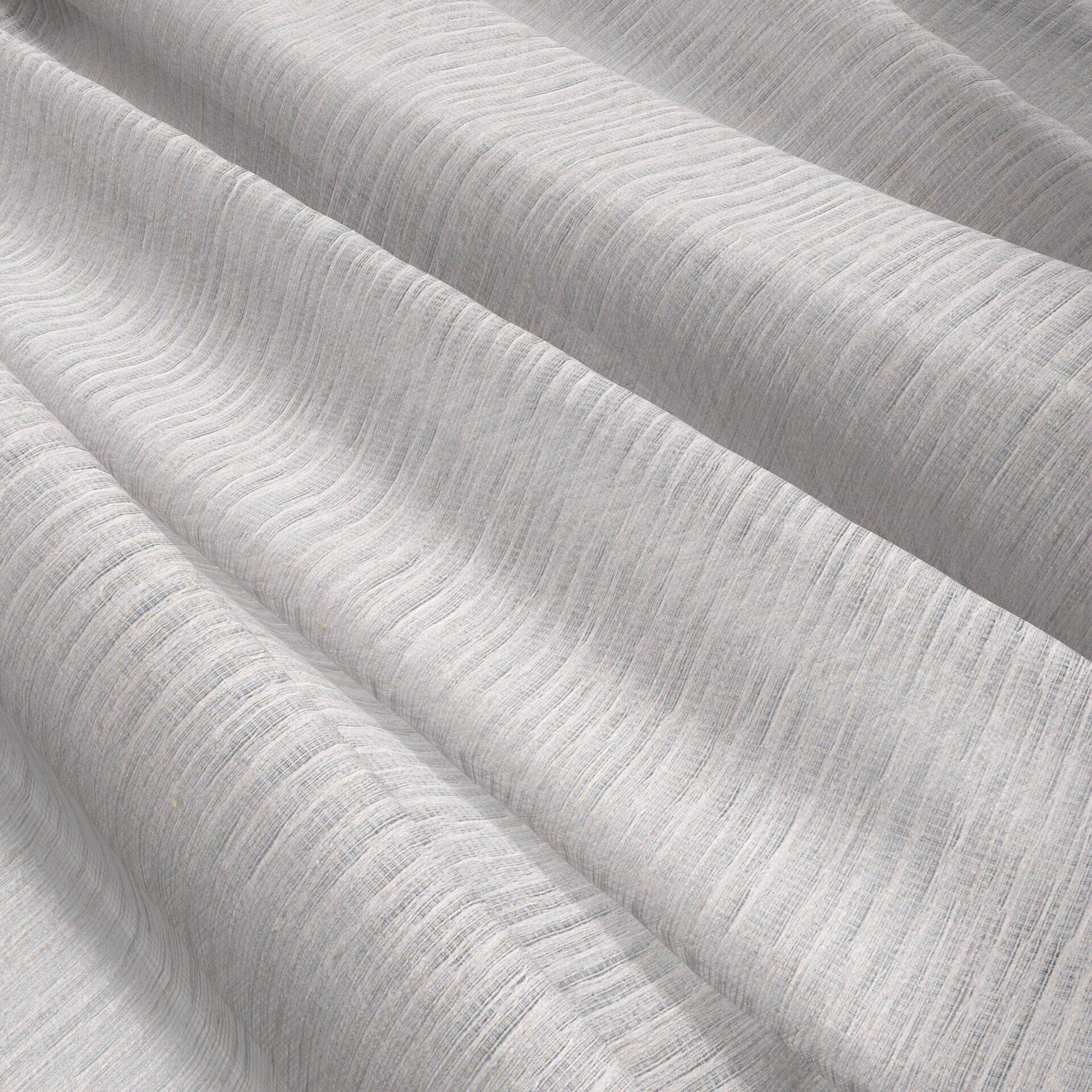 Transitional light grey sheer fabric with subtle vertical stripes (strie) and soft drape; wide width.