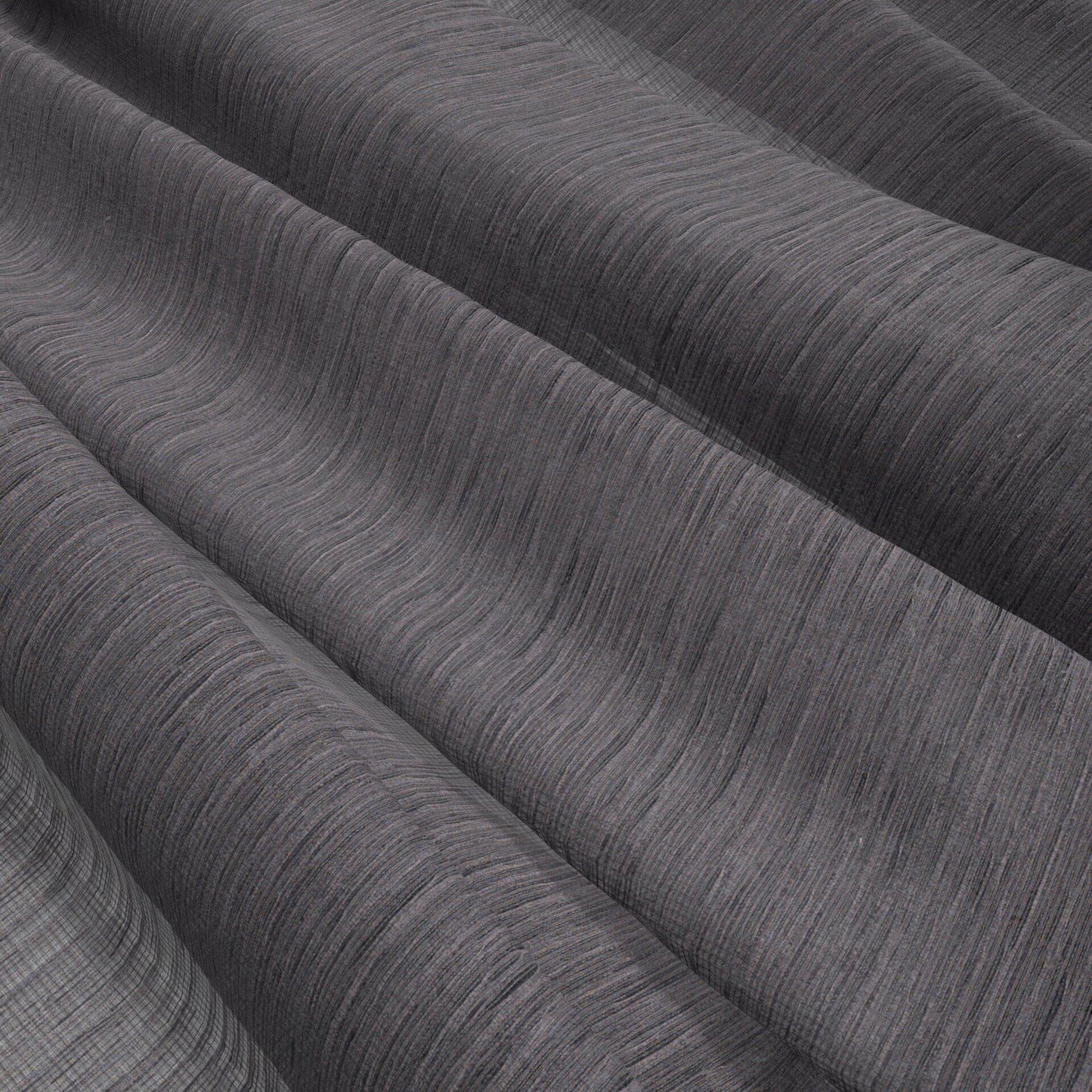 Charcoal gray textured fabric with fine linear ridges and soft pleated folds.