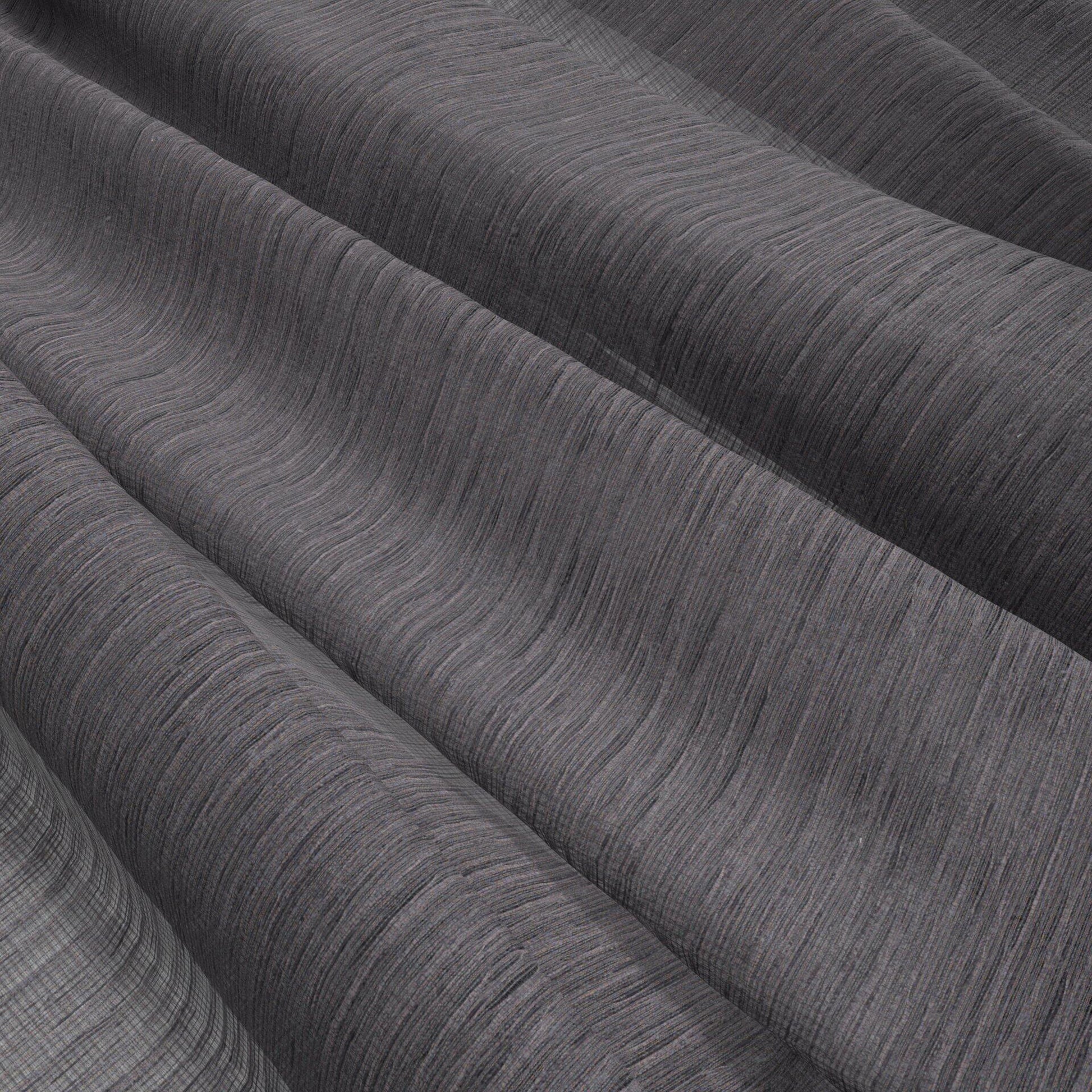 Charcoal gray textured fabric with fine linear ridges and soft pleated folds.