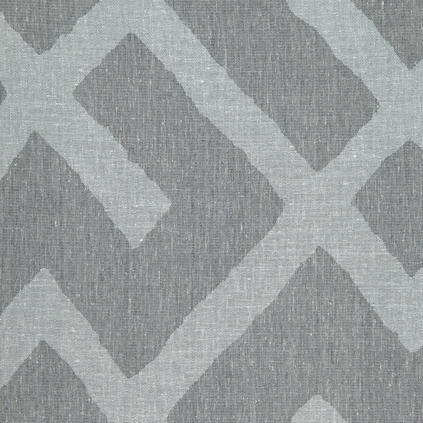 Grey and silver linen jacquard fabric with an interlocking chevron meander geometric pattern.