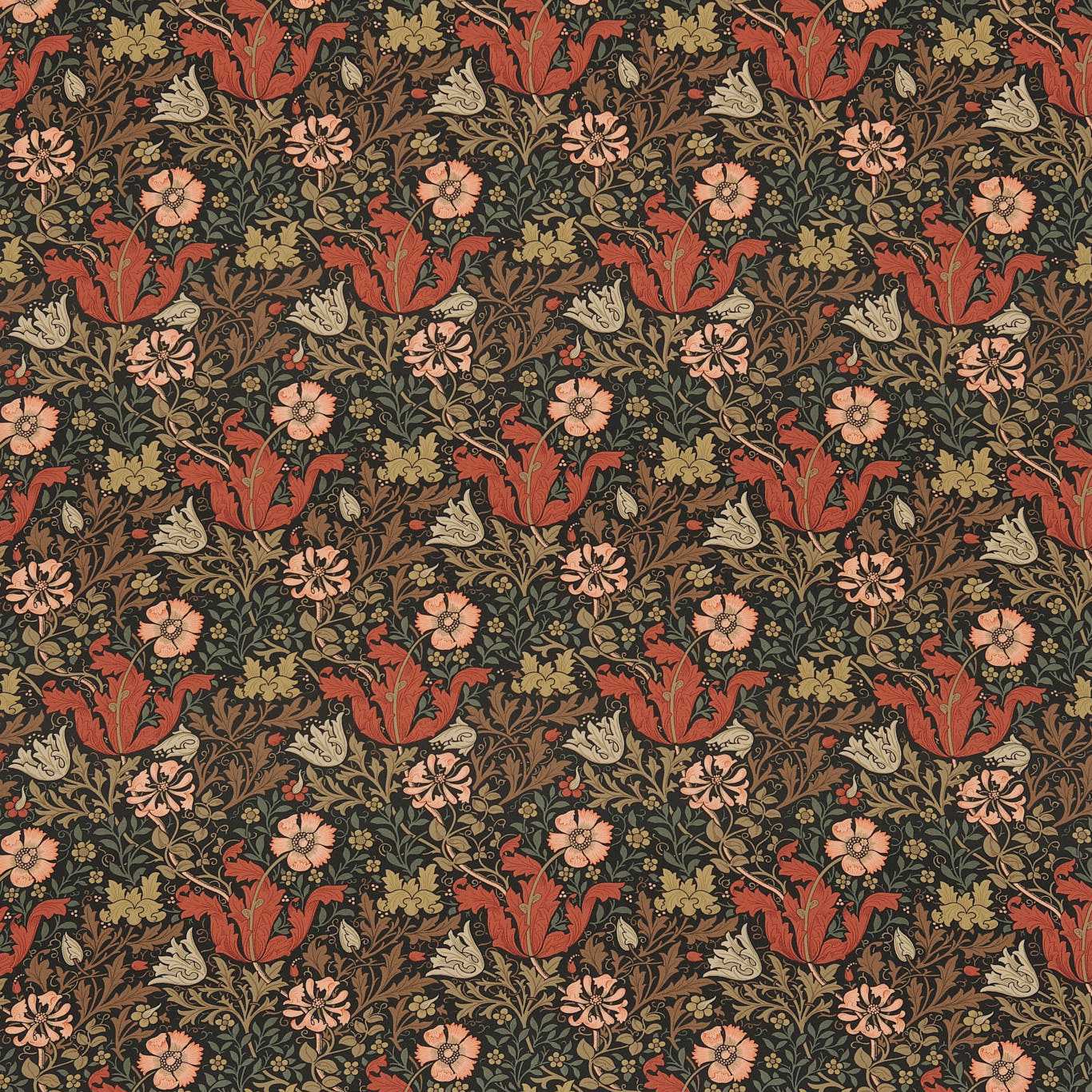 MORRIS & CO Compton Fabric Leaves , Trees Terracotta,Multi   - DJA196201