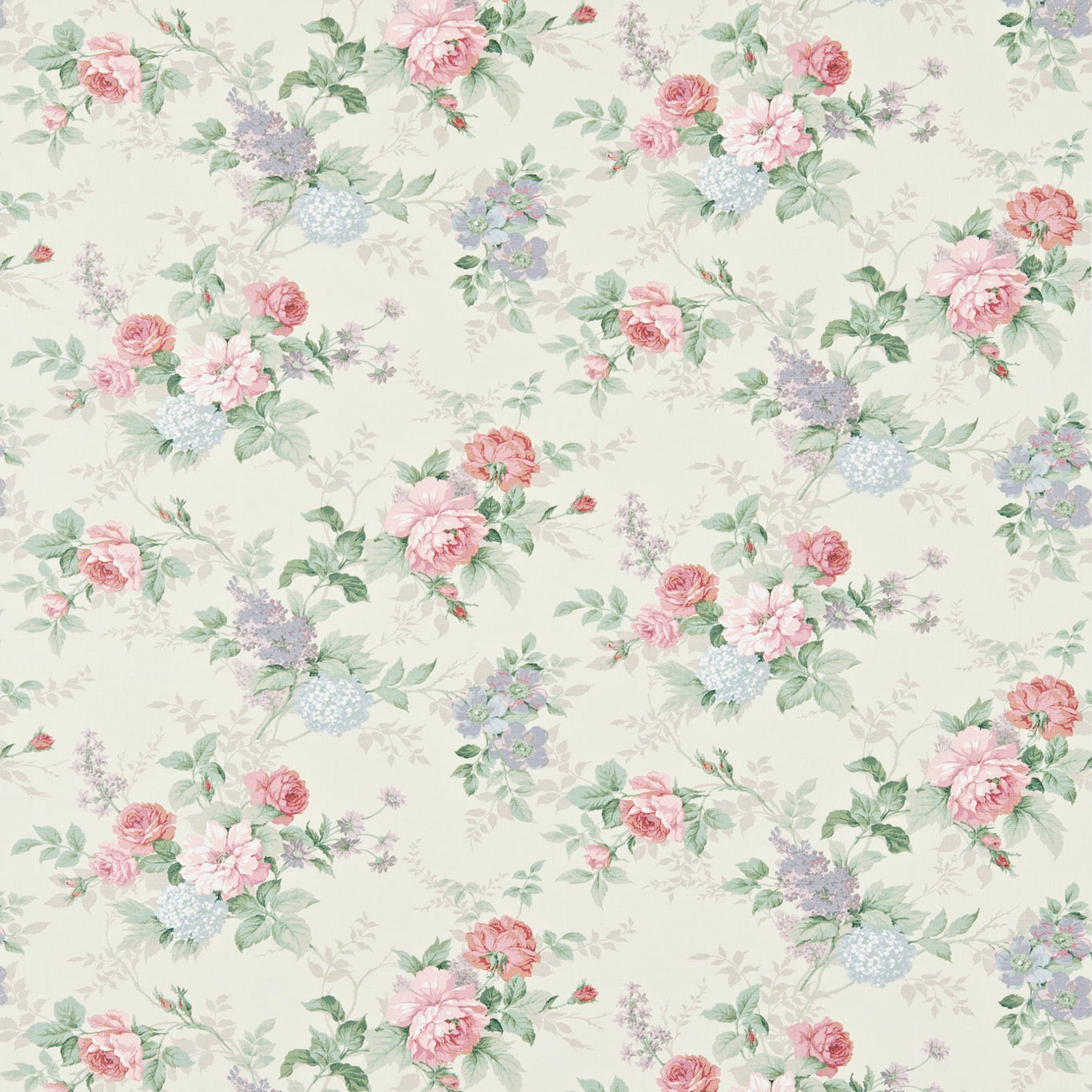 SANDERSON Rosamund Fabric Classic Floral Cream,Lilac   - DKH1R7201