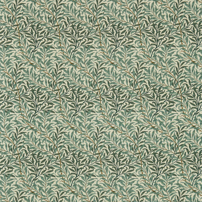 Cream background with green willow-boughs botanical pattern; slender branches for fabric.