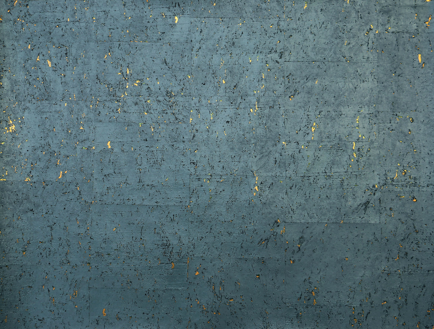 Blue textured surface with scattered gold flecks, distressed patina; rustic decorative panel look