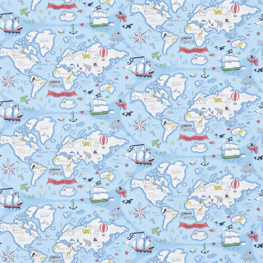 SANDERSON Treasure Map Wallpaper Kids Sea Blue  Gravure - Wide Width Printed Wallpaper - DLIT214038