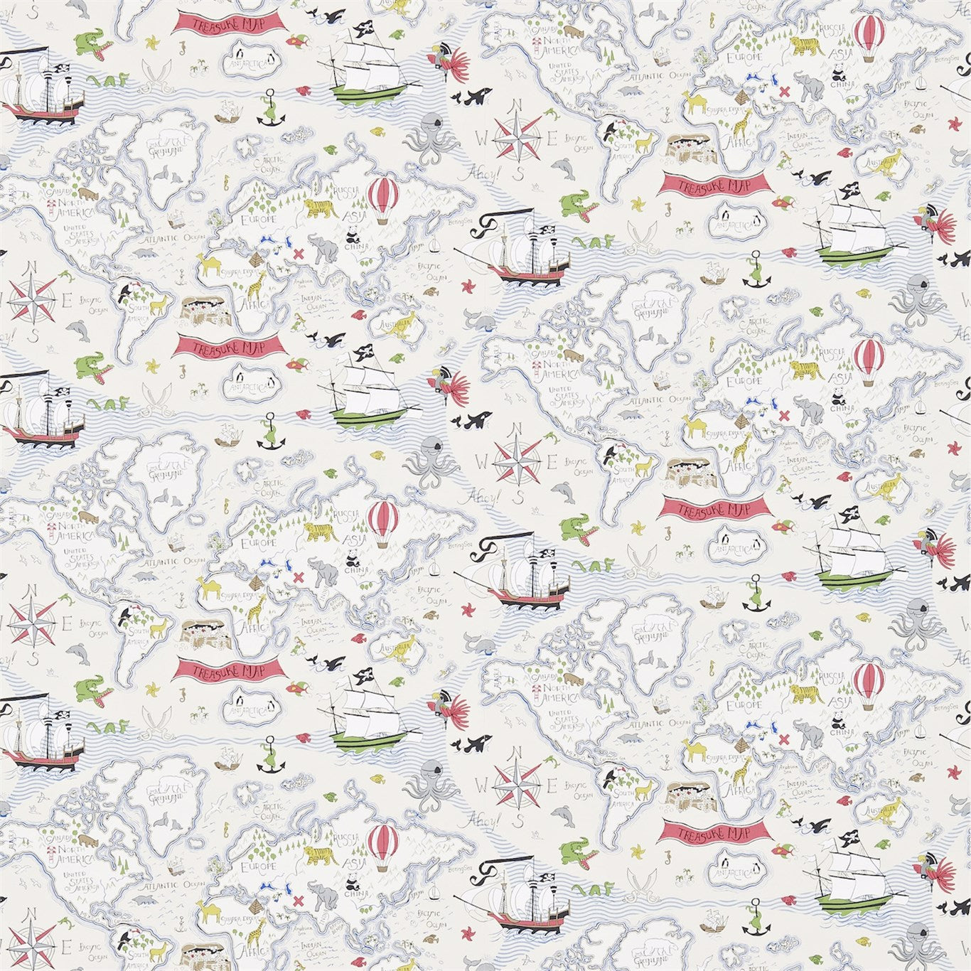 Nautical map-inspired wallpaper pattern with sailing ships, anchors, compasses, hot air balloons and sea-blue islands.