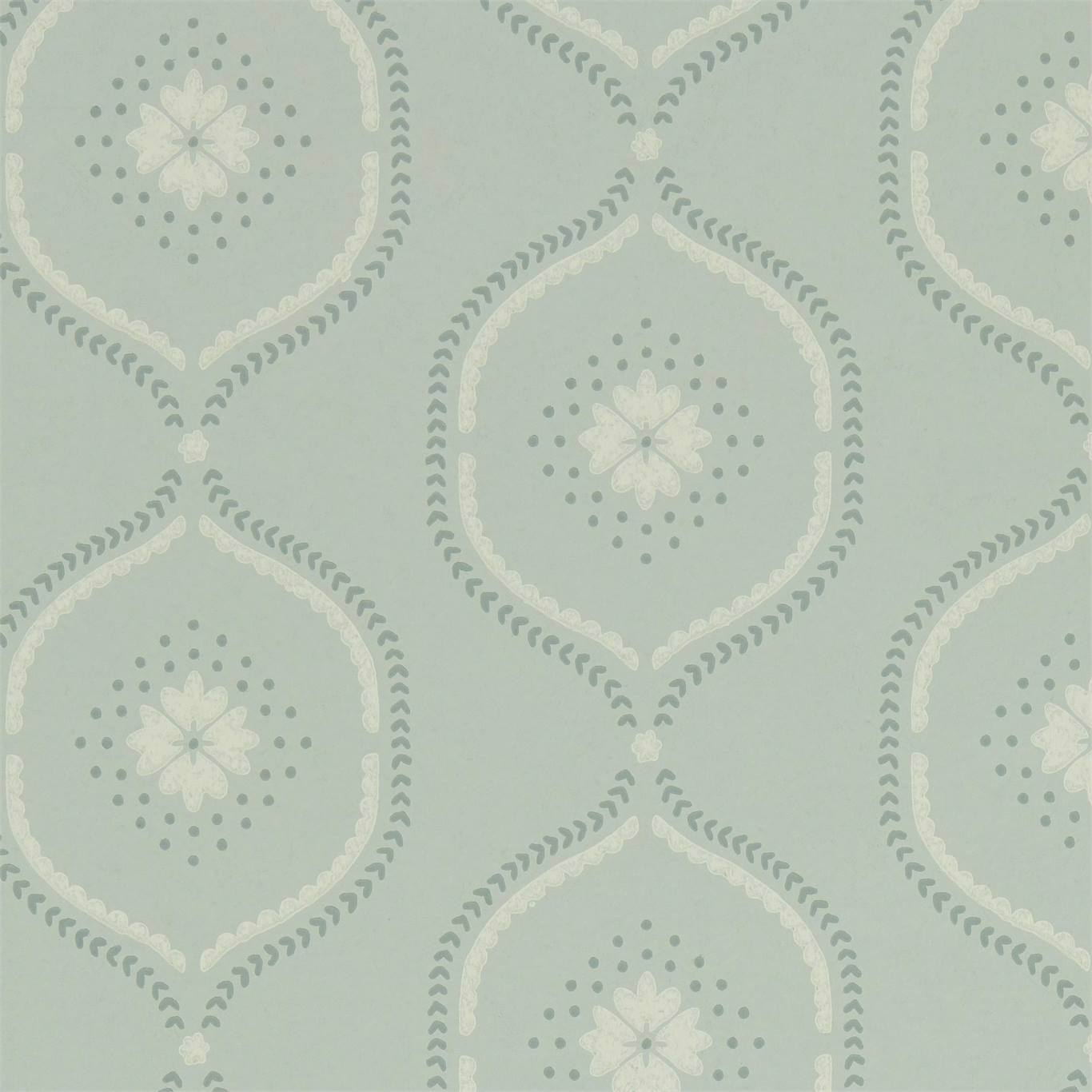 Mist blue wallpaper with ivory damask medallion motif and delicate floral centers.