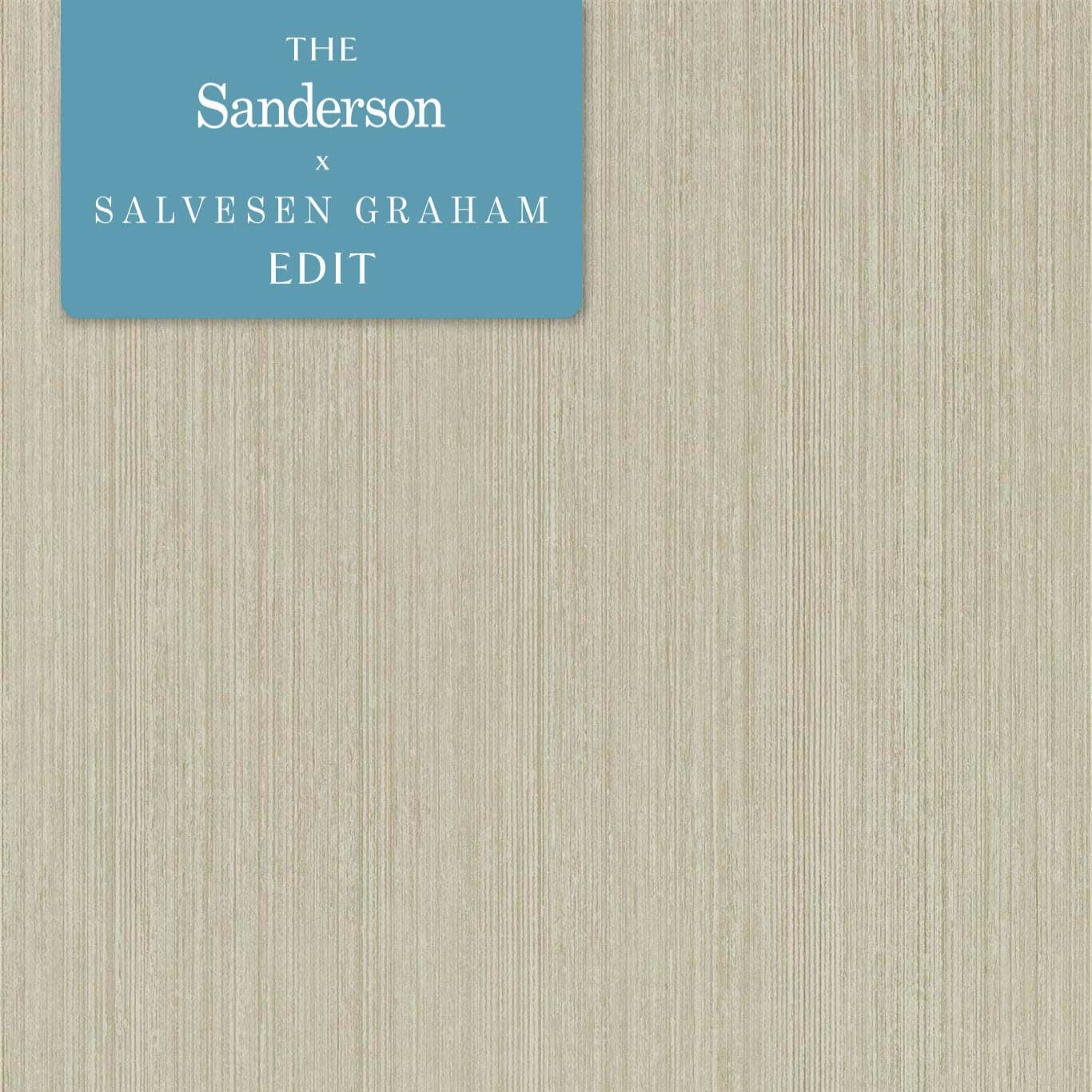 Beige linen-textured wallpaper with a blue label in the top-left corner.