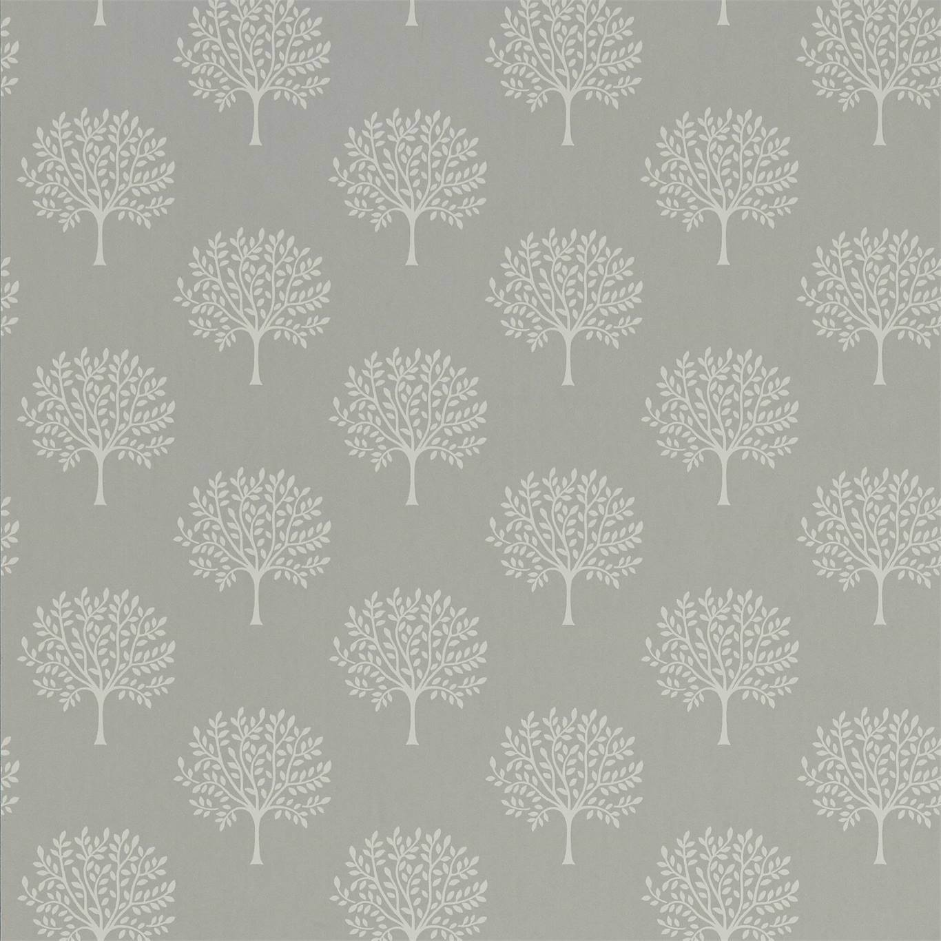 Muted gray wallpaper with repeating white tree silhouettes; elegant, nature-inspired decor for walls.