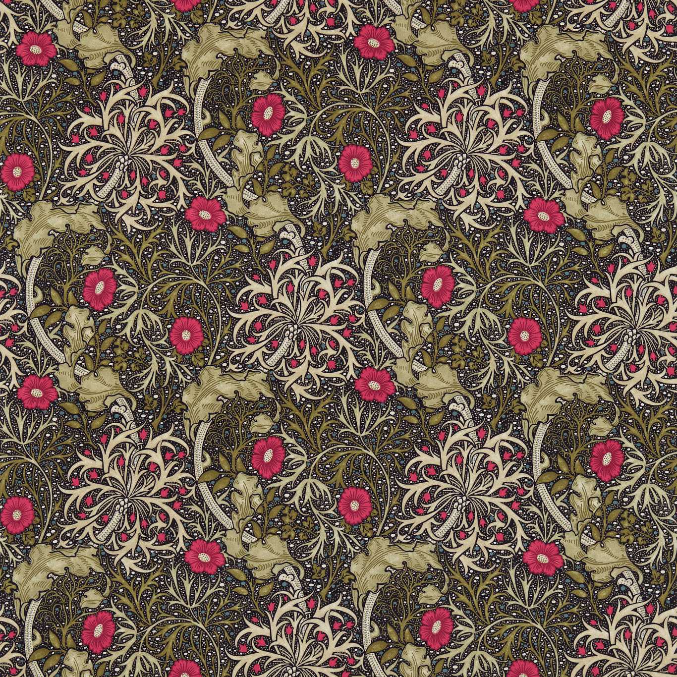 MORRIS & CO Morris Seaweed Fabric Contemporary, Floral Ebony,Poppy   - DM3P224471